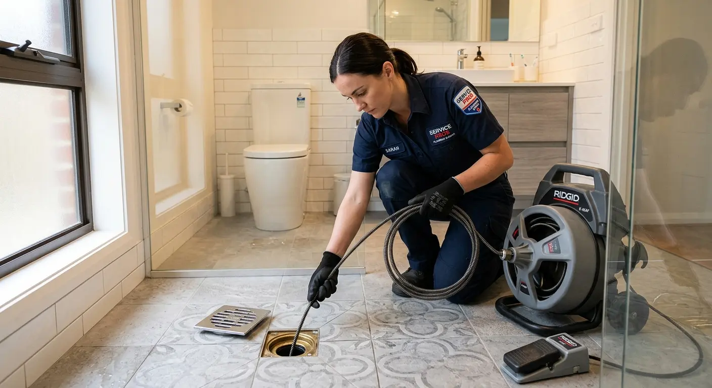 Technician clearing a bathroom floor drain for Drain Repair in Josephine